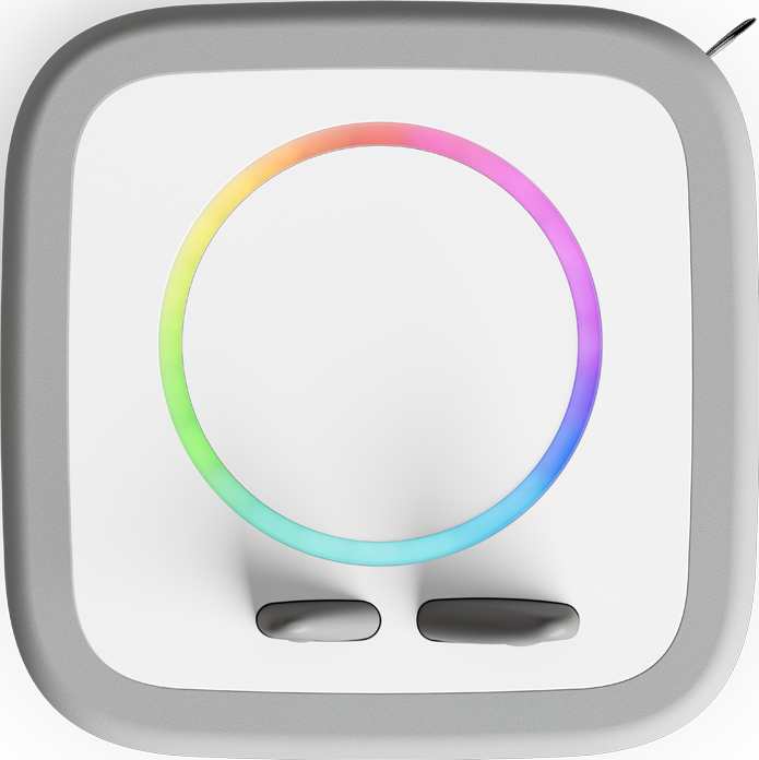 Un appareil blanc avec un cercle arc-en-ciel lumineux et deux boutons gris. Il est entouré d'un cadre gris.