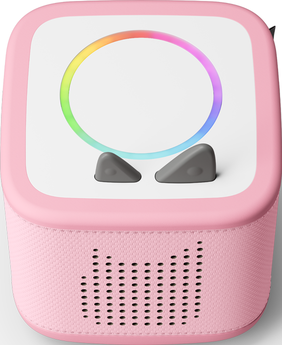 Ein rosa, abgerundeter Lautsprecher mit weißer Oberseite. Er hat einen Regenbogenlichtring, graue katzenohrförmige Knöpfe und ein Lautsprechergitter.