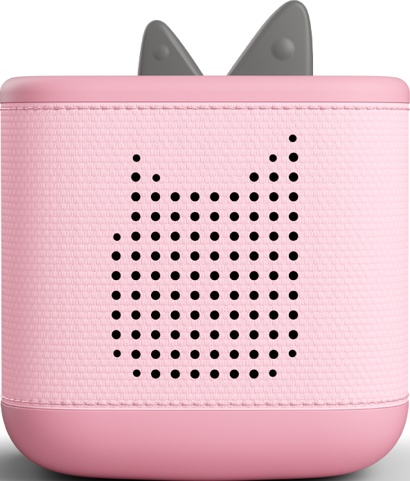 Ein rosa Lautsprecher mit einem Katzenkopf aus schwarzen Punkten. Oben hat er graue Ohren.