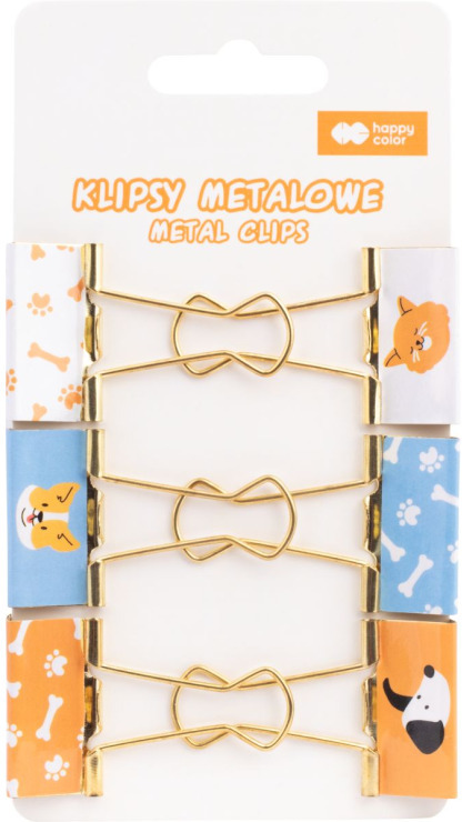 Opakowanie metalowych klipsów. Klipsy mają złote metalowe ramki i kolorowe wzory z motywem psów na końcach. Białe tło.