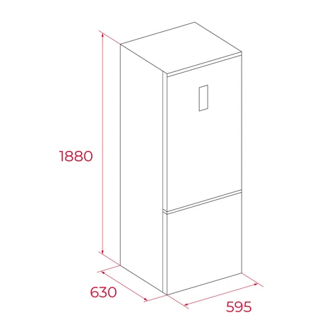Un dibujo lineal en blanco y negro de un refrigerador con dimensiones. La altura es 1880, el ancho es 630 y la profundidad es 595.