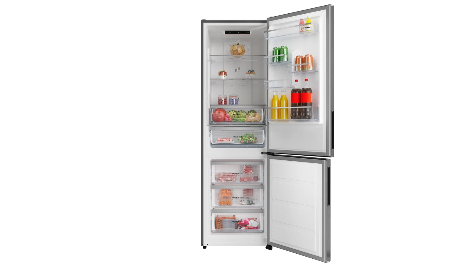 Refrigerador abierto con estantes llenos de frutas, verduras y bebidas. La sección inferior tiene cajones congeladores con alimentos congelados.
