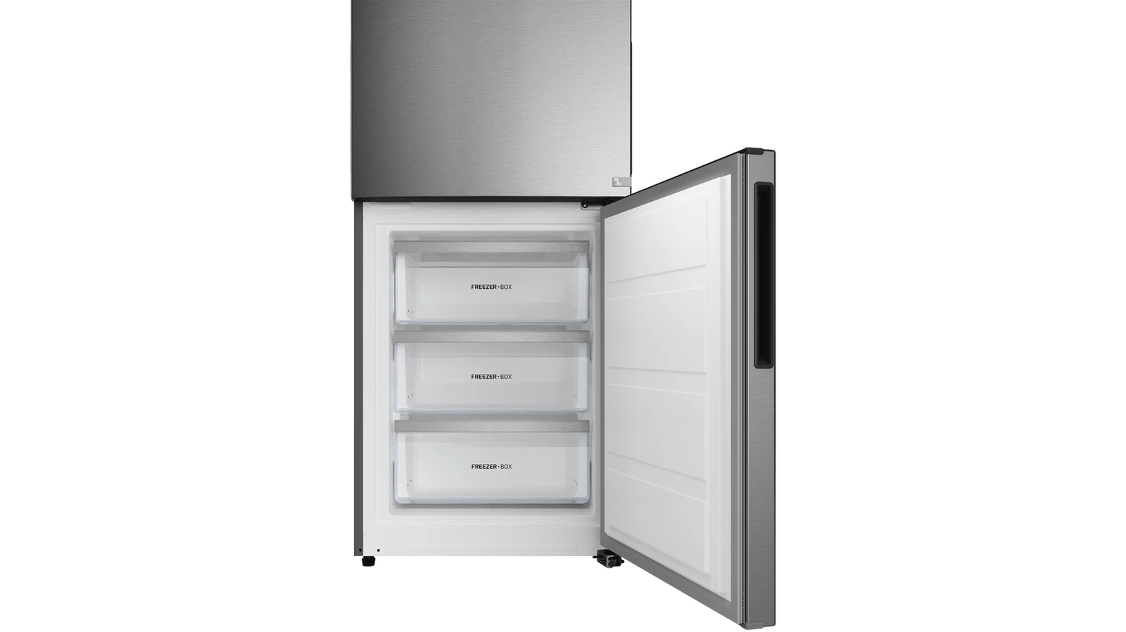 Un refrigerador plateado con la puerta del congelador abierta, revelando tres cajas de congelador. La parte superior del refrigerador está cerrada.