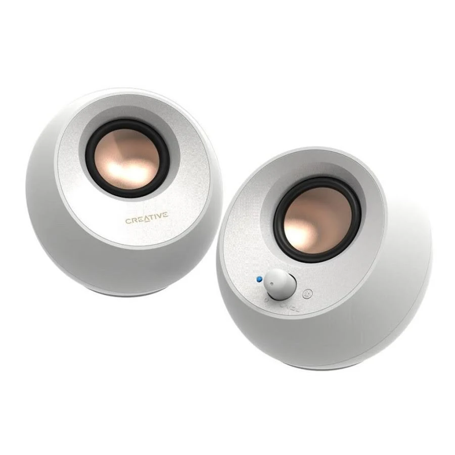 Dos altavoces blancos Creative. Cada uno tiene un altavoz plateado y un control de volumen. Los altavoces tienen forma redondeada.
