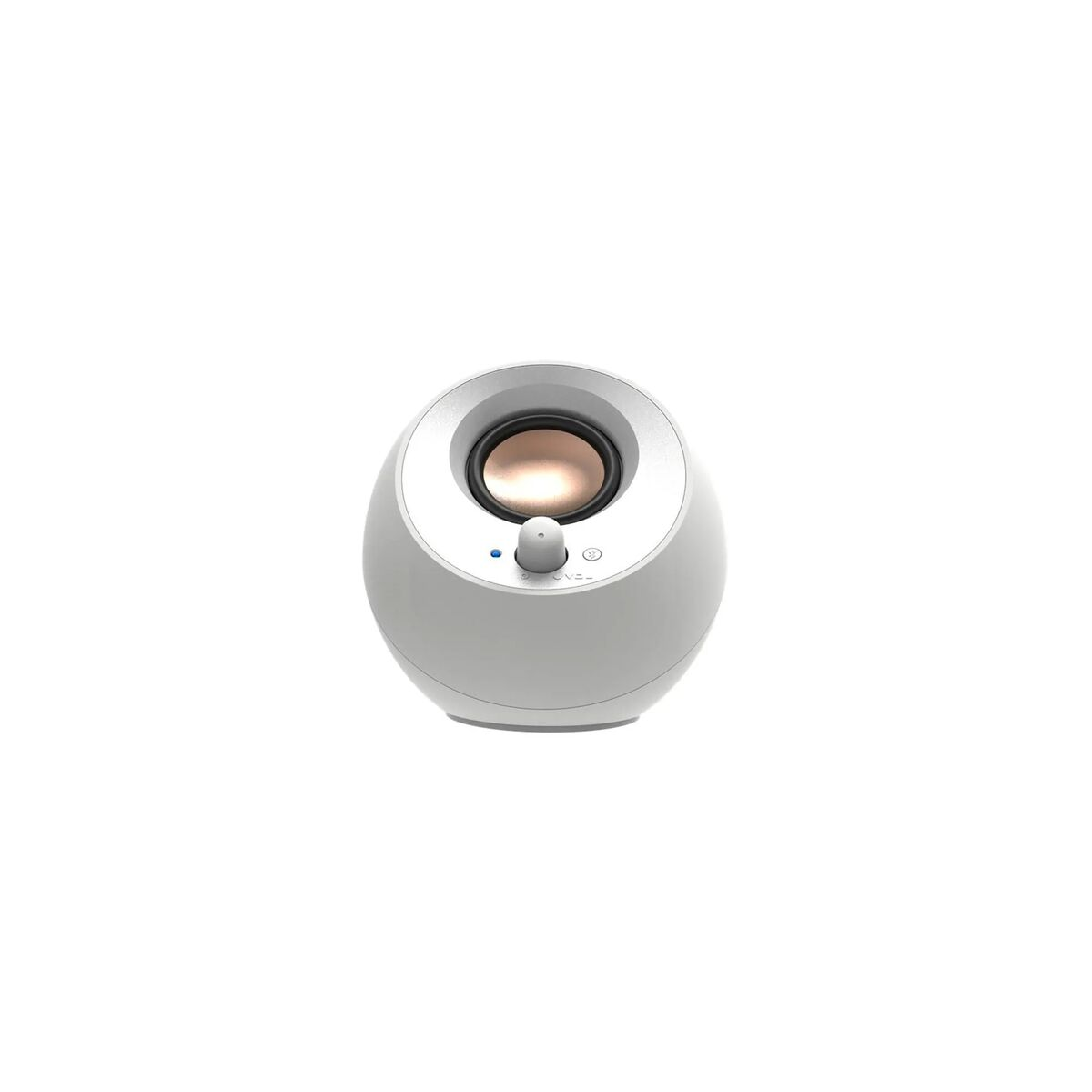 Un altavoz blanco en forma de huevo. Tiene un altavoz circular con un centro color cobre. Se ve una perilla de volumen en la parte inferior.