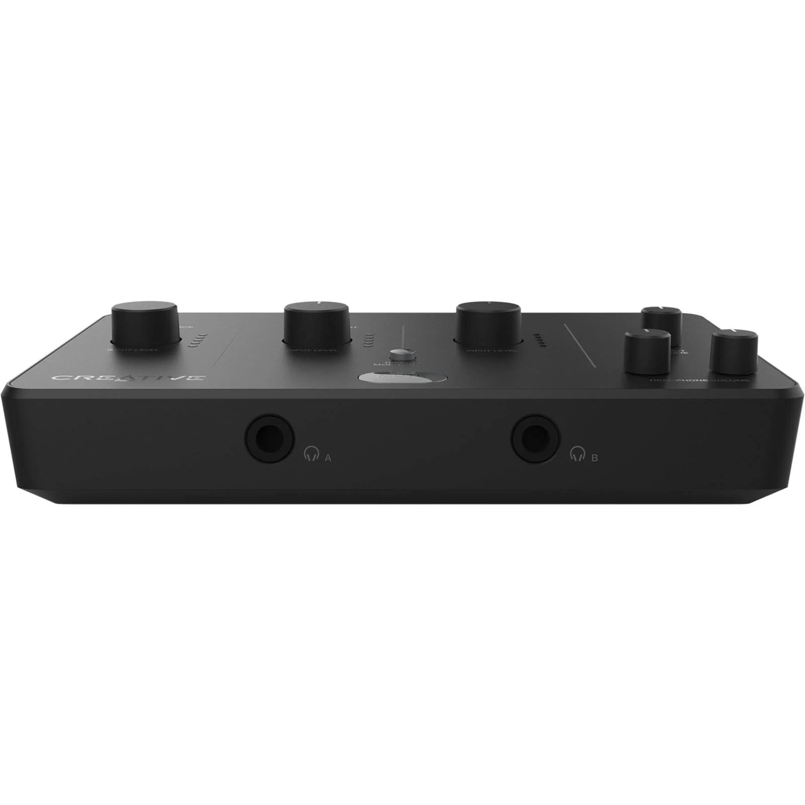 Interfaz de audio negro con perillas y conectores de entrada/salida. La marca 'Creative' es visible. Las perillas están etiquetadas como nivel de entrada y volumen de auriculares.