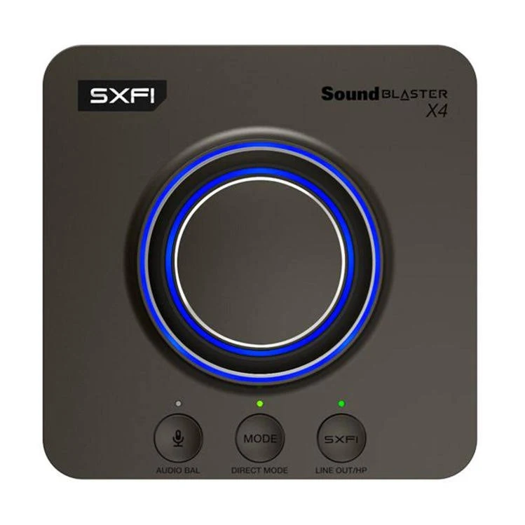 Dispositivo de audio Sound Blaster X4 negro. Tiene un dial central con luz azul. Botones para balance, modo y SXFI son visibles.