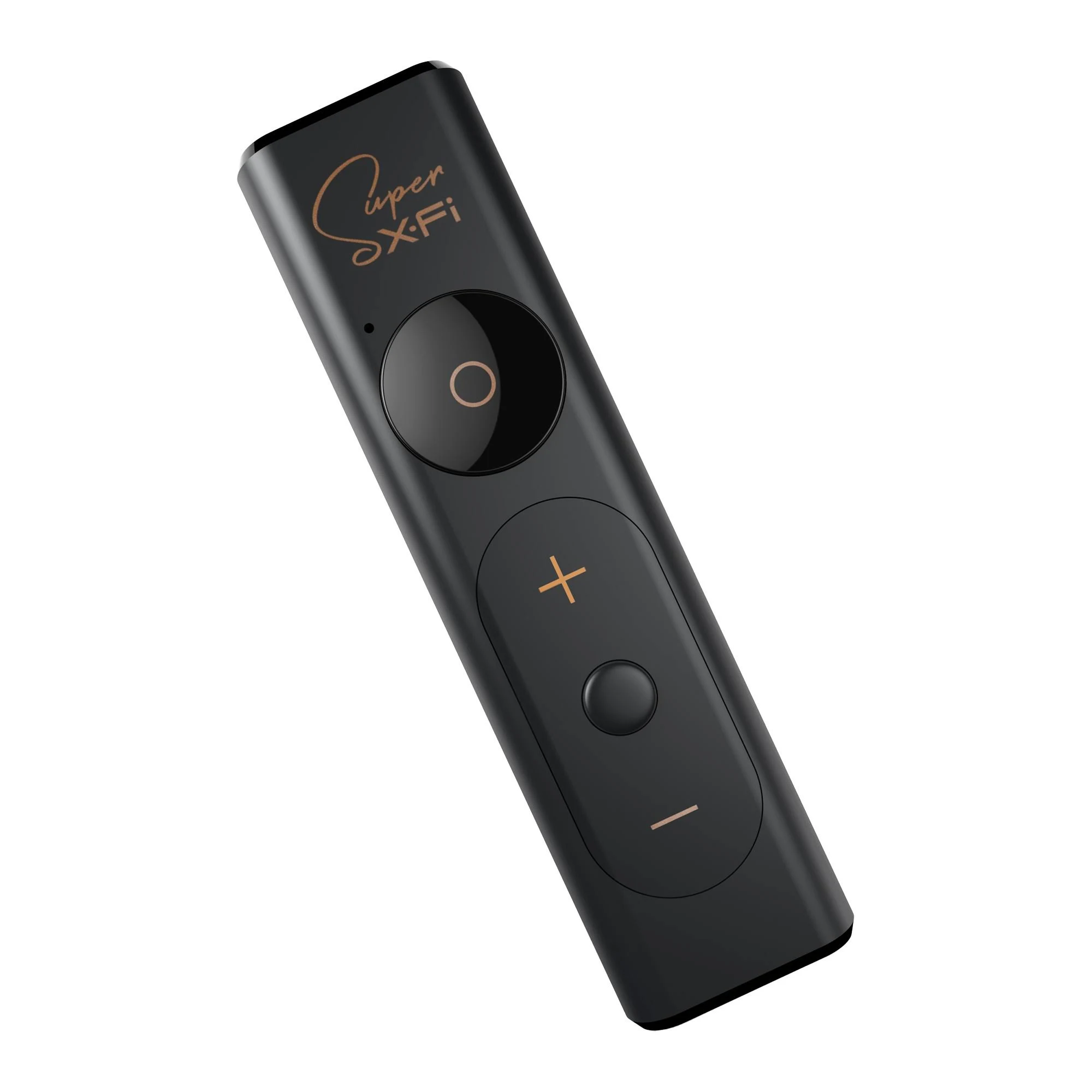 Un dispositivo de audio negro con un logotipo, un botón grande y controles de volumen. Está sobre un fondo blanco.