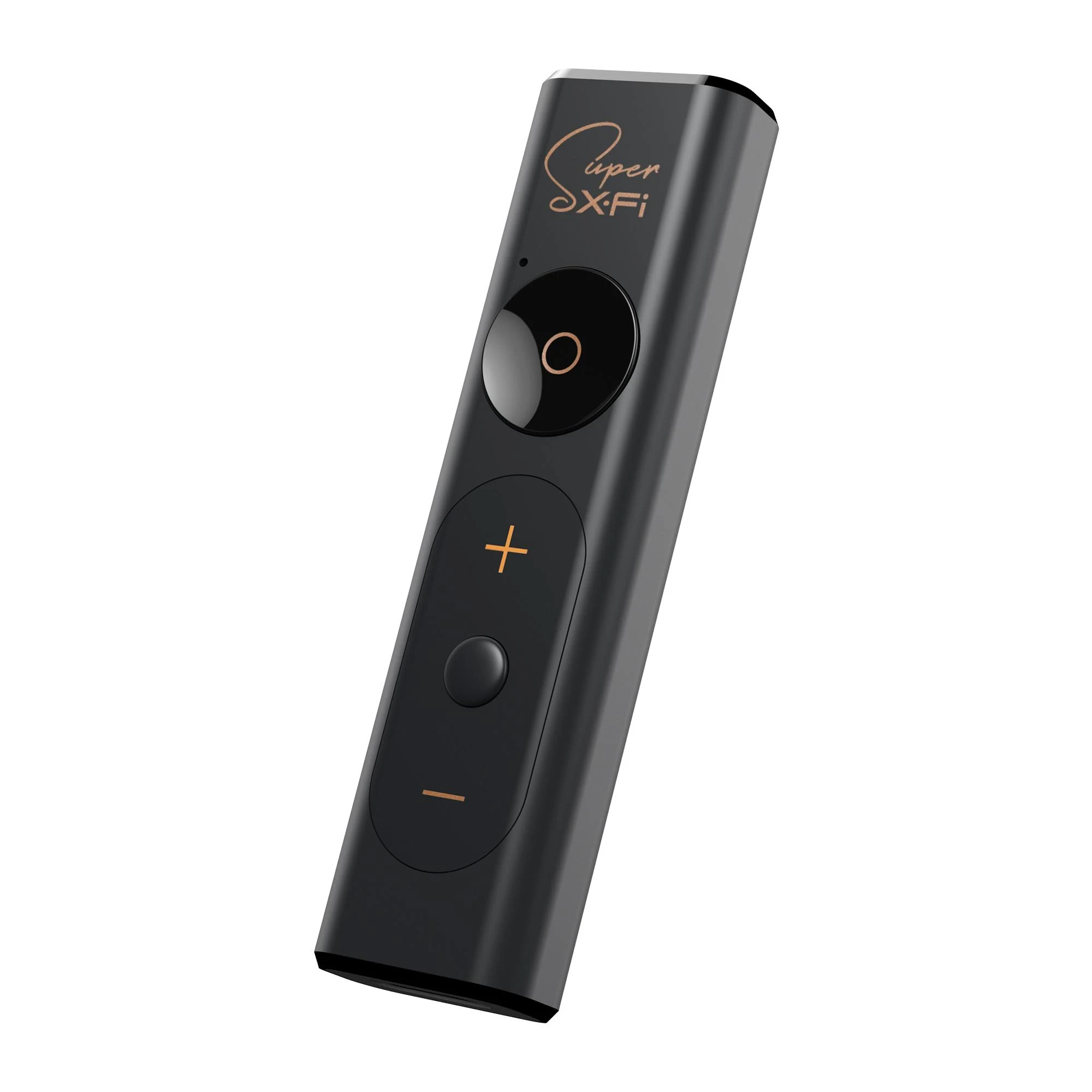 Dispositivo de audio Super XFi negro. Tiene un botón circular, controles de volumen y el nombre de la marca arriba.