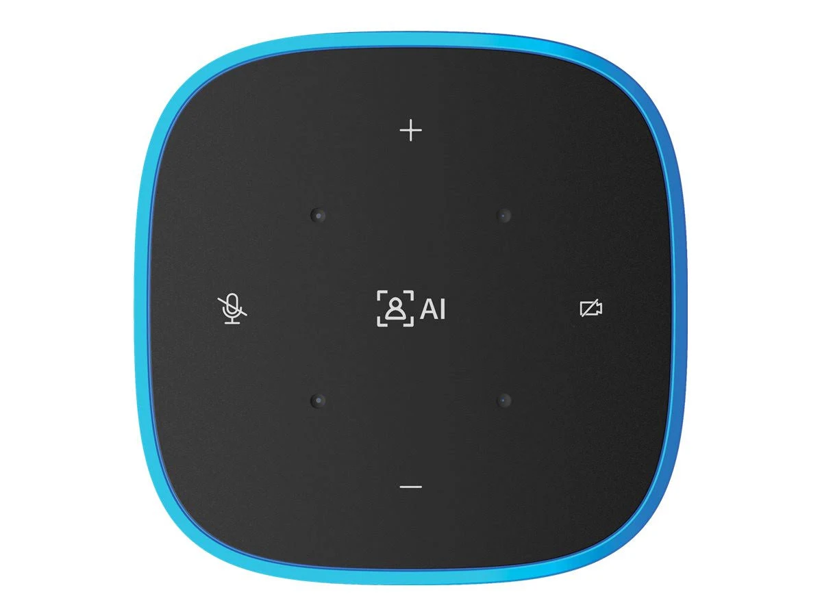 Dispositivo negro con borde azul. La parte superior tiene un signo más, un micrófono, un símbolo de IA y un símbolo de encendido. Los puntos representan botones.