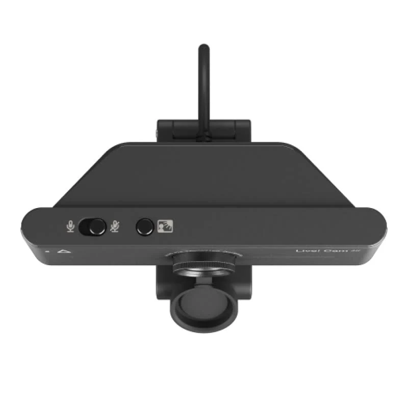 Una webcam negra Live! Cam 2.0, con un icono de micrófono, botones, una lente y una antena superior.