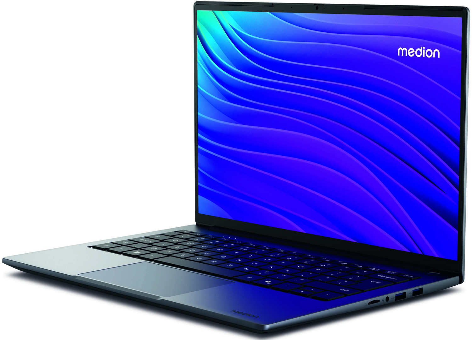 Una laptop Medion está abierta, mostrando una pantalla con patrón de olas azules y moradas. Se ven el teclado y el panel táctil.