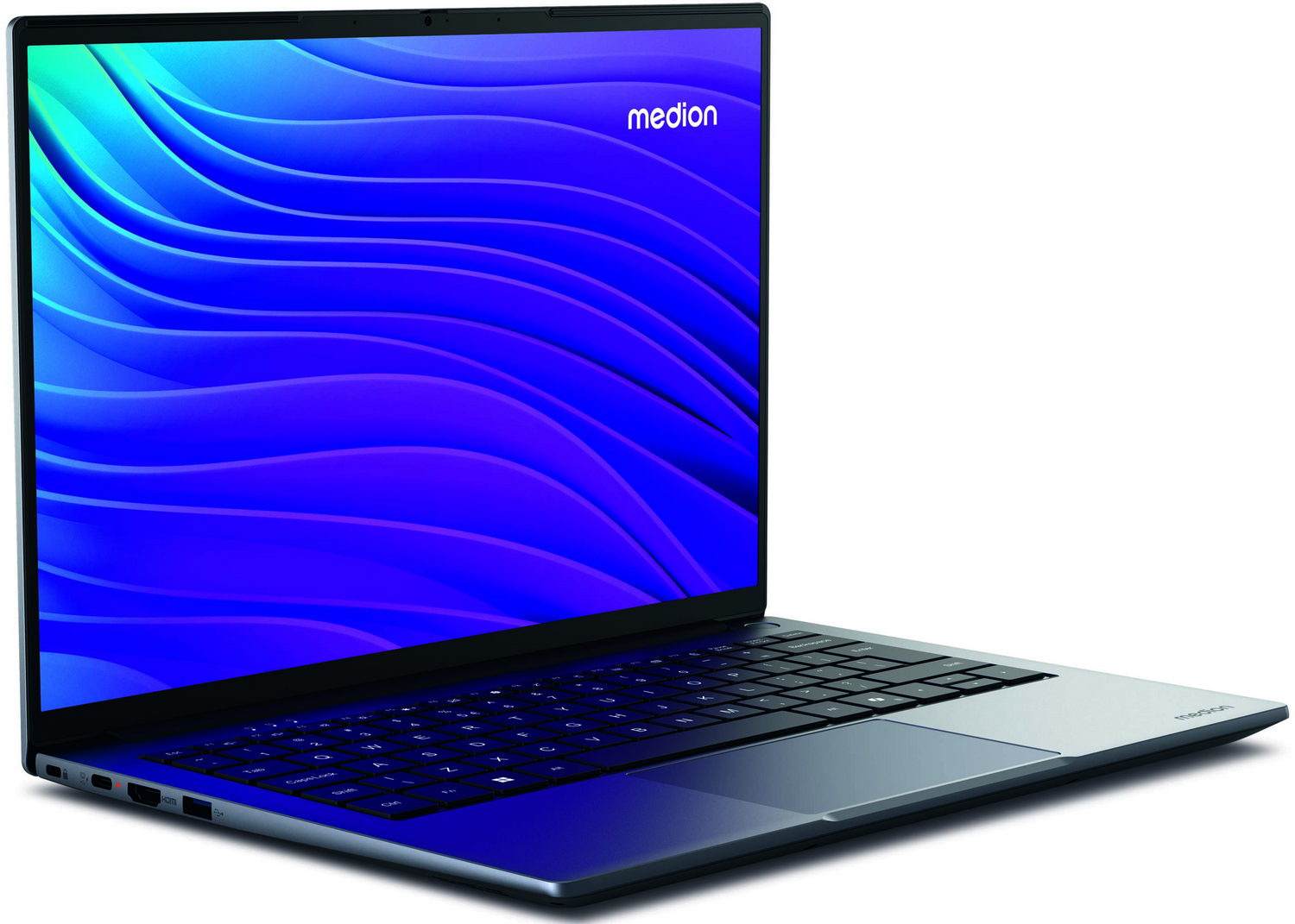 Un portátil está abierto. La pantalla muestra un fondo azul ondulado. Se ven el teclado y el panel táctil. El logotipo de Medion está en la pantalla.