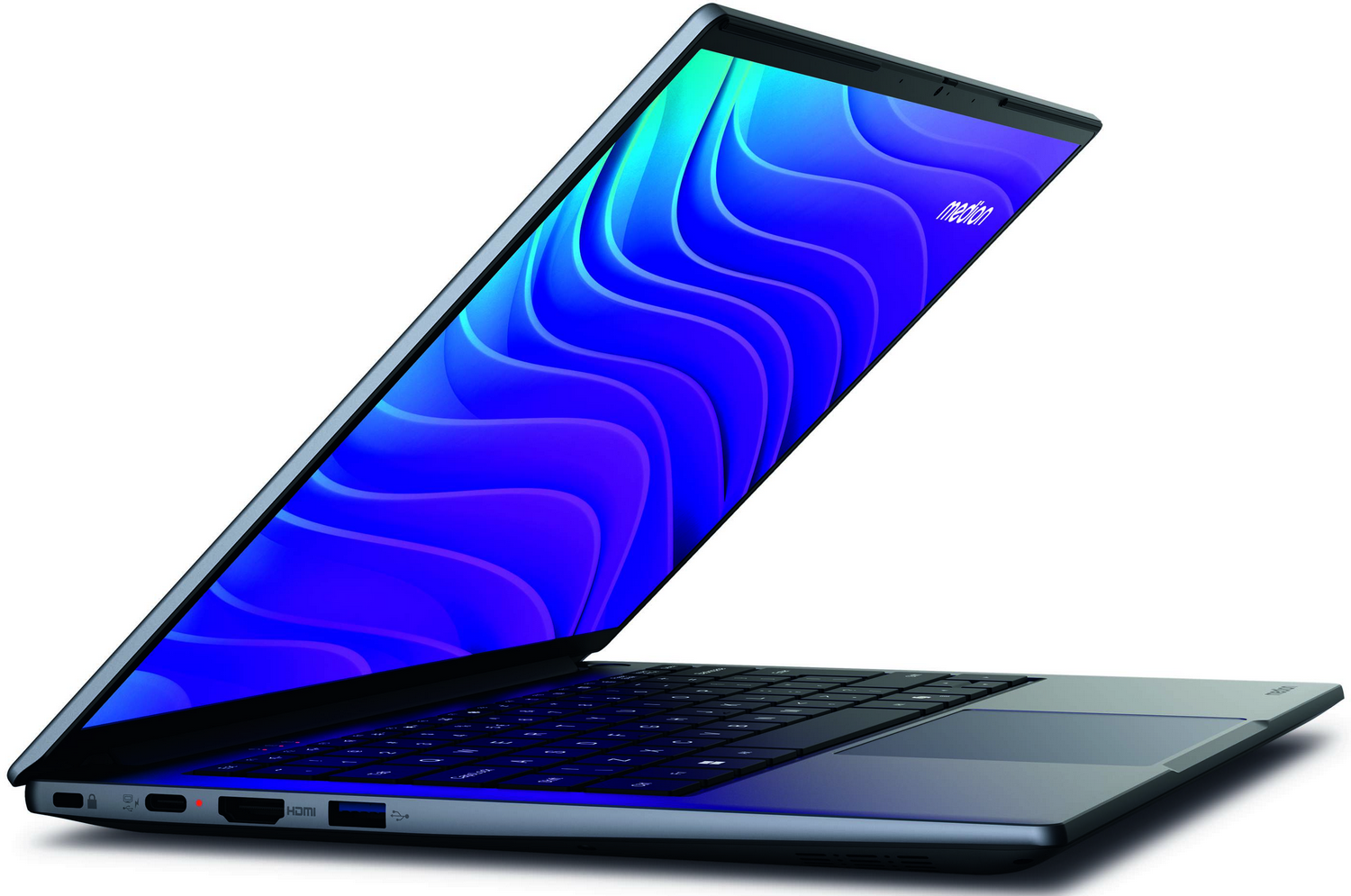 Un portátil con pantalla azul vibrante que muestra un diseño ondulado. Teclado y panel táctil visibles. Sobre fondo blanco.