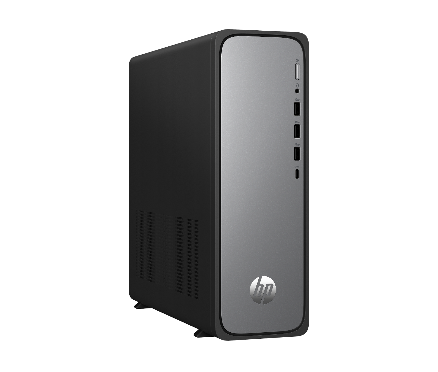 Una computadora de escritorio HP negra y gris. El frente tiene un panel plateado con puertos y el logotipo de HP. Fondo negro.