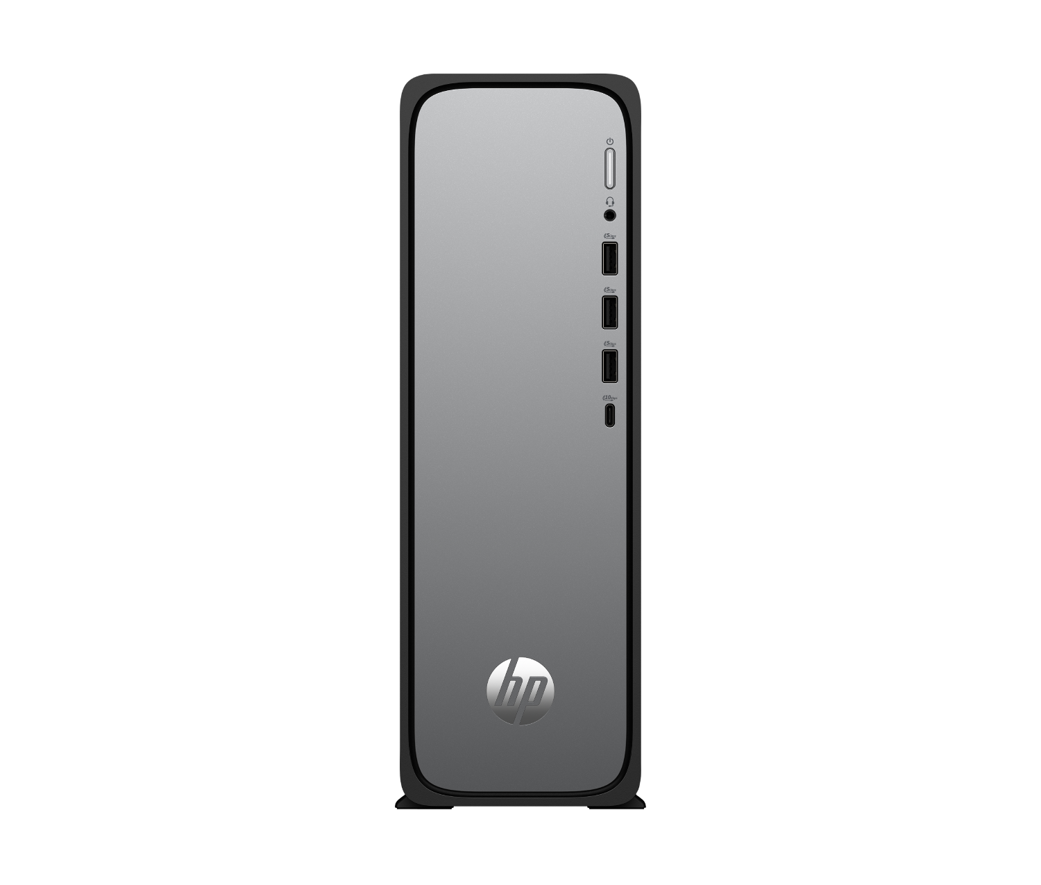 Una computadora de escritorio HP gris se encuentra verticalmente sobre un fondo negro. El logotipo de HP es visible en la parte inferior.