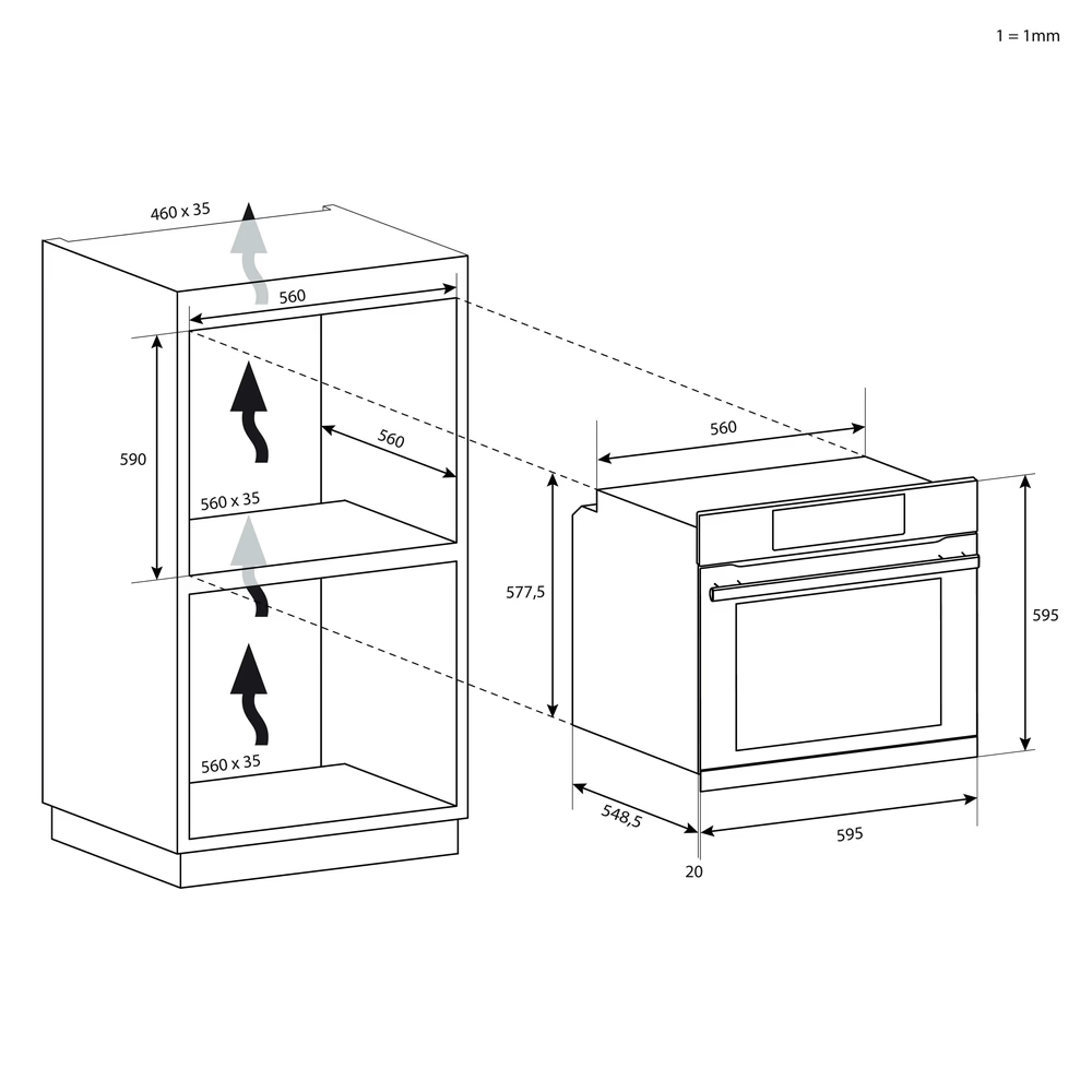 Beépíthető sütő és szekrény diagramja, méretekkel milliméterben. A nyilak a légáramlást jelzik, a szekrénynek két rekesze van. A sütő jobbra.