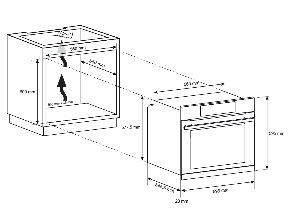 Egy sütő és a beszerelési hely diagramja, méretekkel milliméterben.