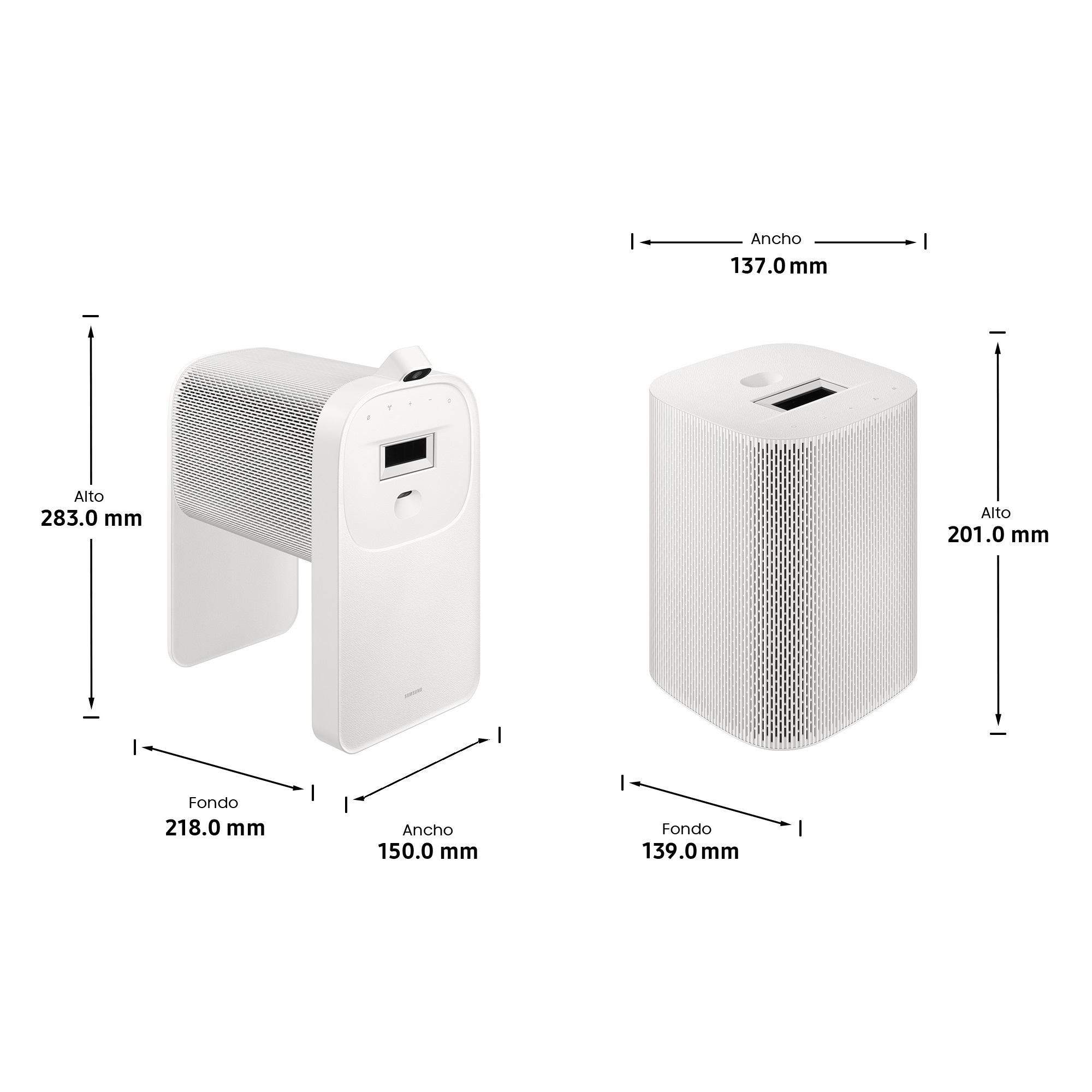 Dos altavoces blancos con dimensiones etiquetadas. Uno es más alto, con la parte superior curvada y un soporte. El otro es cilíndrico.