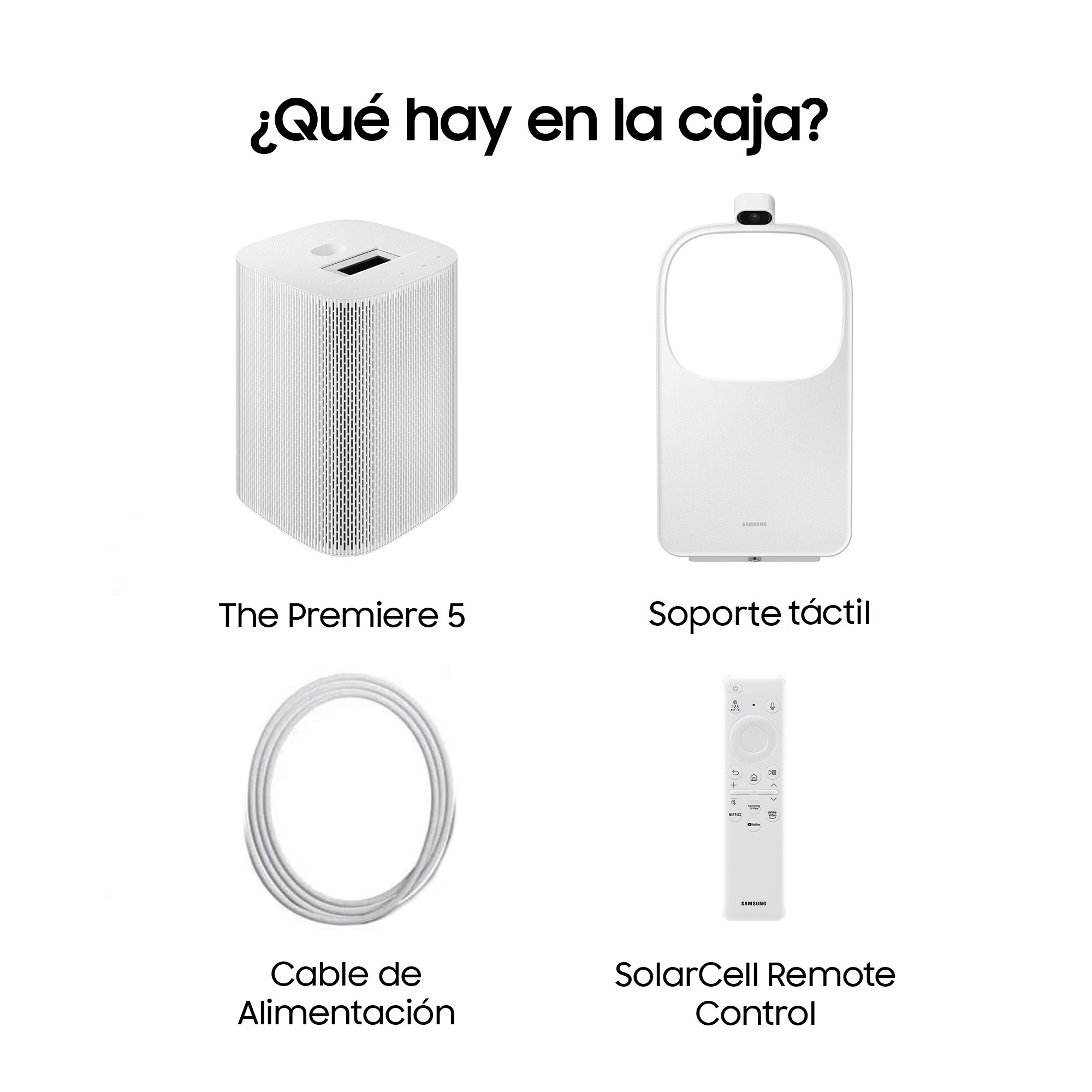 La imagen muestra el proyector blanco Premiere 5, un soporte blanco, un cable de alimentación y un mando a distancia SolarCell blanco.