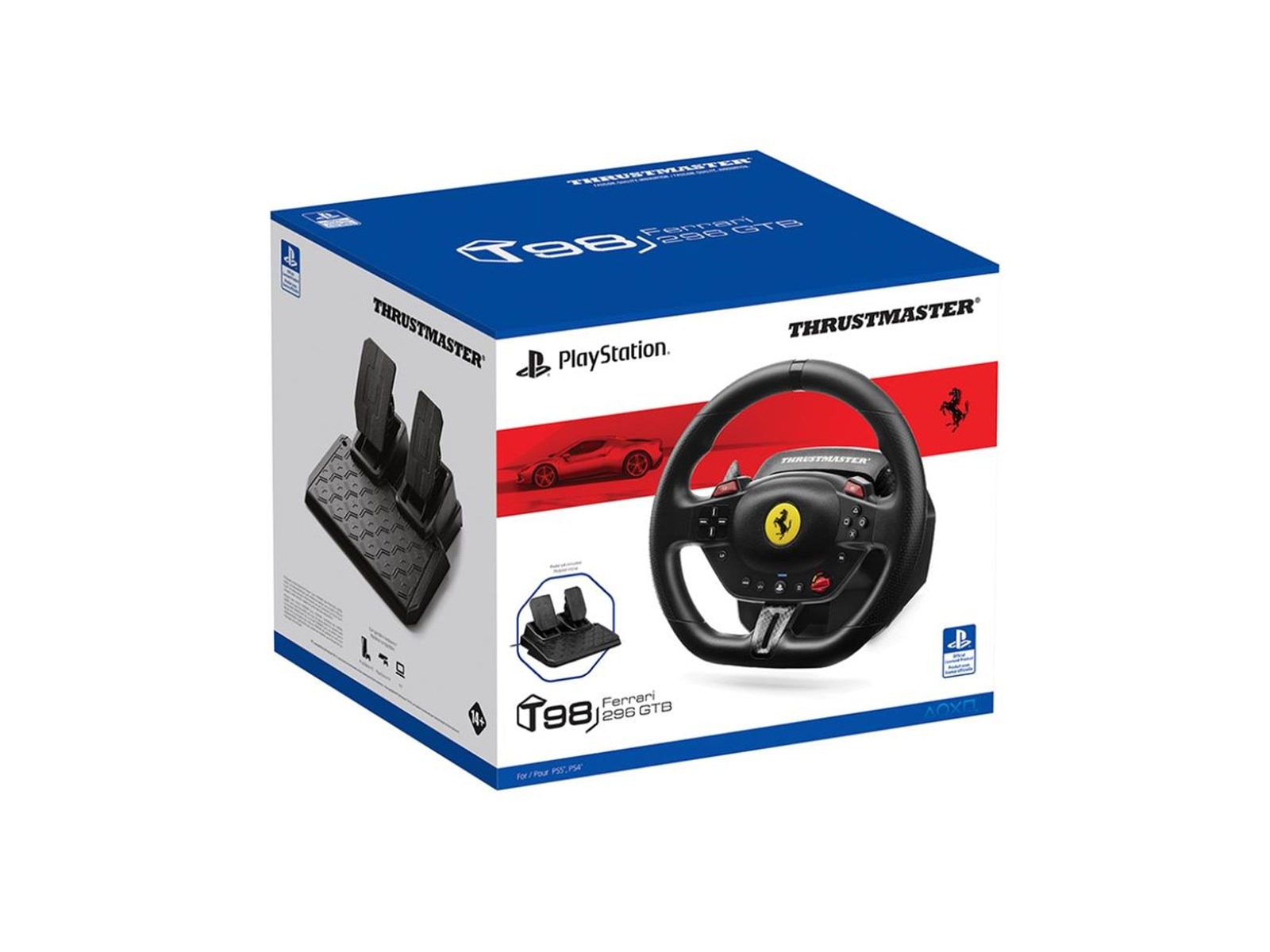 Un juego de volante de carreras Thrustmaster Ferrari 296 GTB en una caja. Incluye volante, pedales y el logotipo de PlayStation.