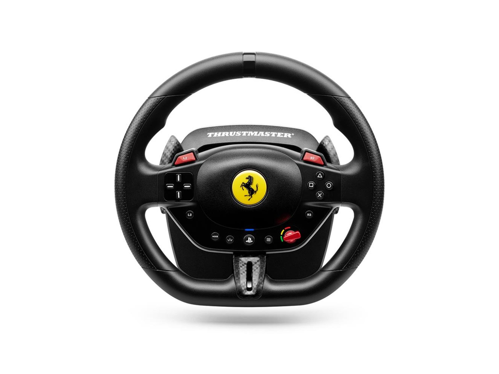 Un volante negro Thrustmaster Ferrari. Tiene botones rojos, un logotipo amarillo de Ferrari y está sobre un fondo blanco.