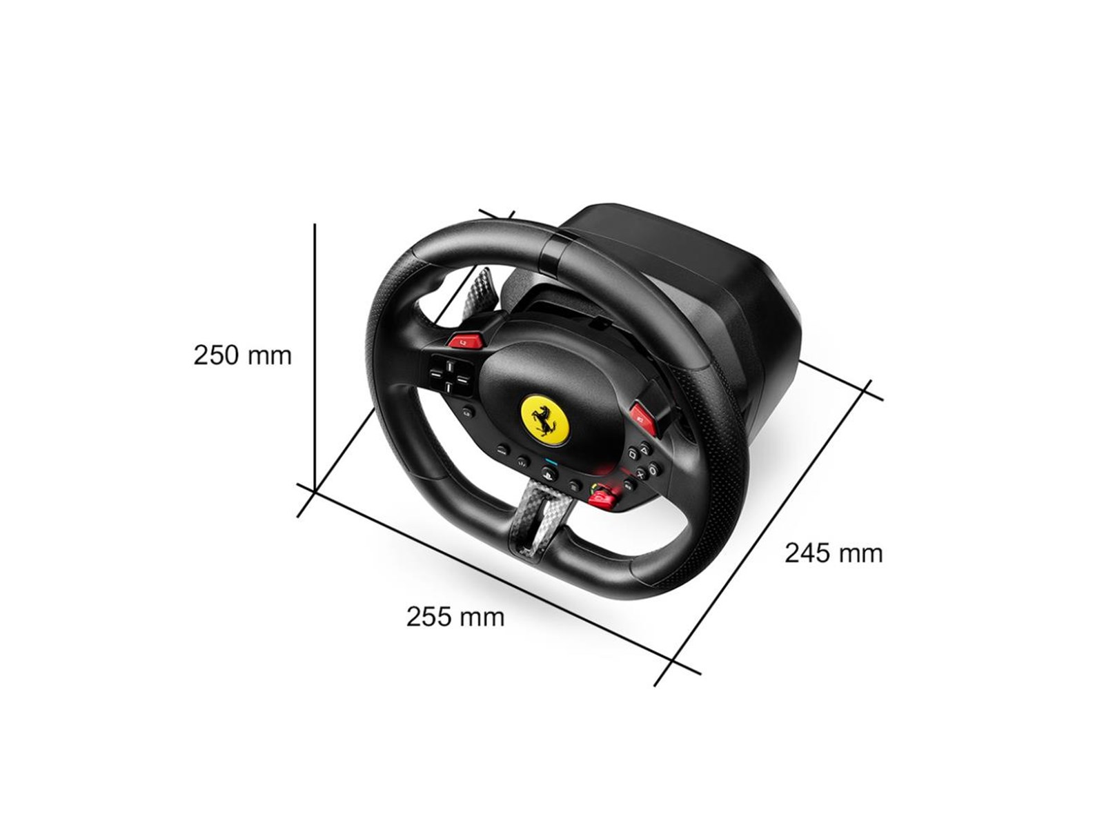 Un volante de carreras negro con el logo de Ferrari. Las dimensiones son 250 mm, 255 mm y 245 mm. Está sobre un fondo blanco.