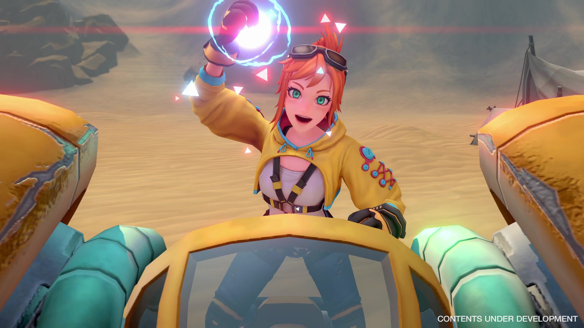 Una mujer con una chaqueta amarilla sostiene un orbe brillante en un desierto. Sonríe. La escena es de un videojuego.