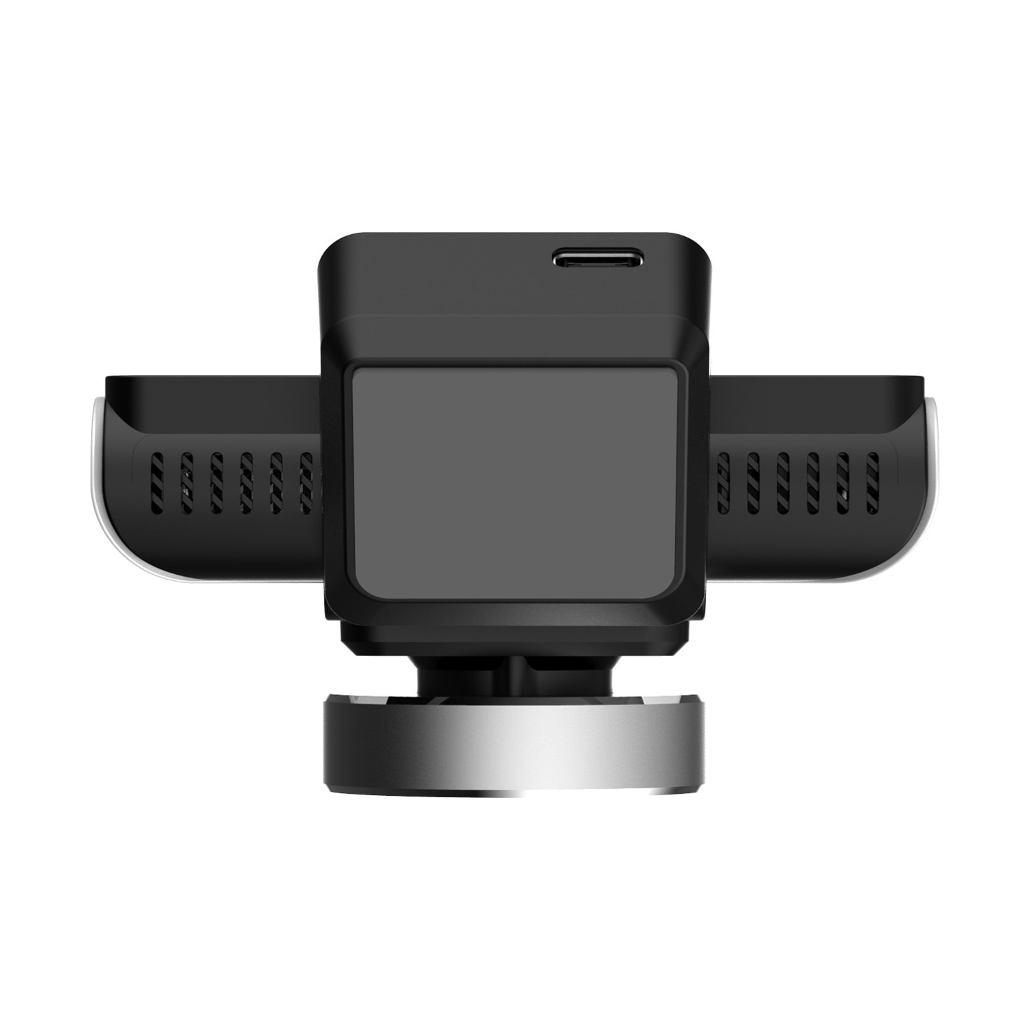 Una dash cam nera con schermo e prese d'aria laterali, base argentata. Centrata su sfondo bianco.