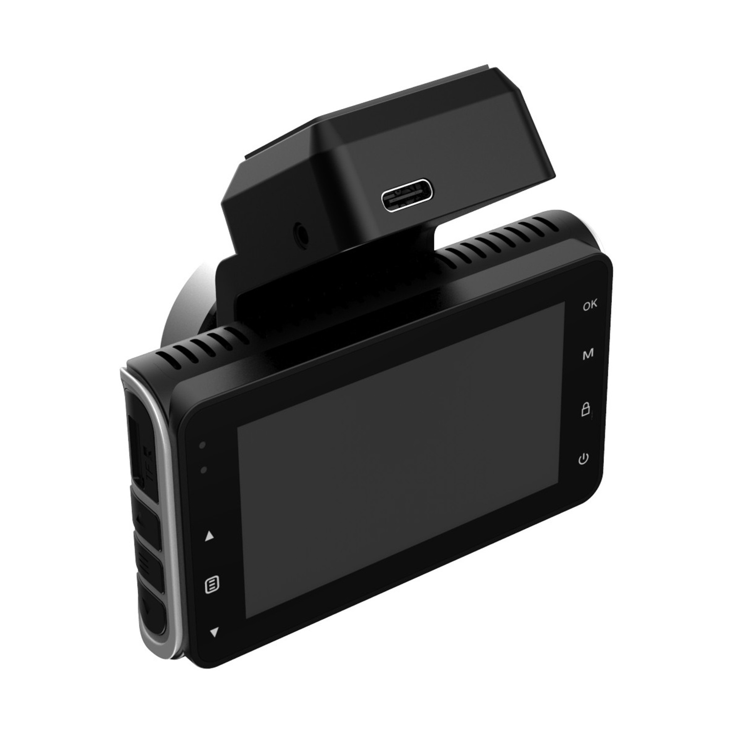 Viene visualizzata una dashcam nera. Ha uno schermo e dei pulsanti. La parte superiore ha una porta USB e un supporto.