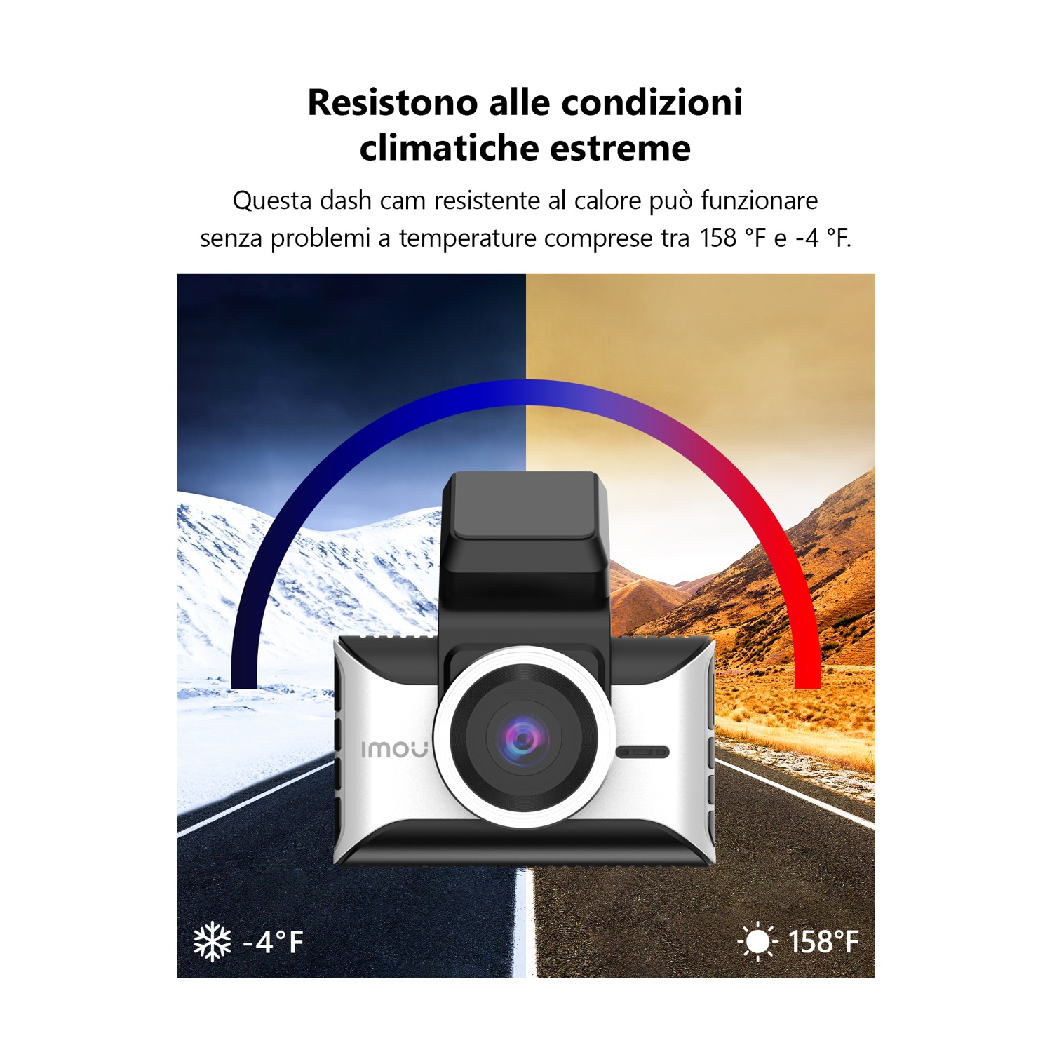 Dash cam in condizioni estreme, da -4°F a 158°F. Mostra montagne innevate e deserto soleggiato. Dispositivo nero e argento.