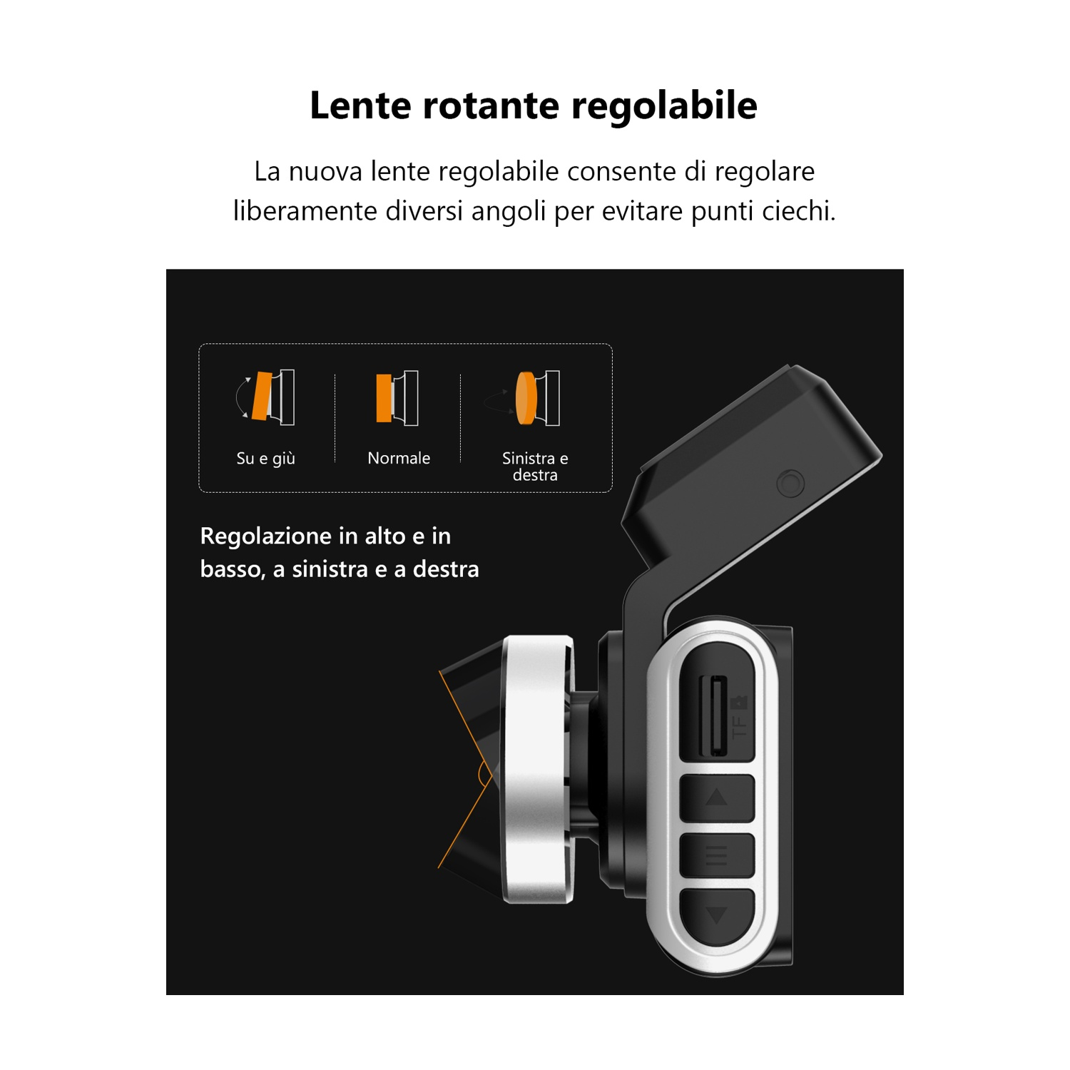 L'immagine mostra un dispositivo nero e argento con angoli di lente regolabili. Il testo spiega che l'obiettivo ruota per evitare punti ciechi.