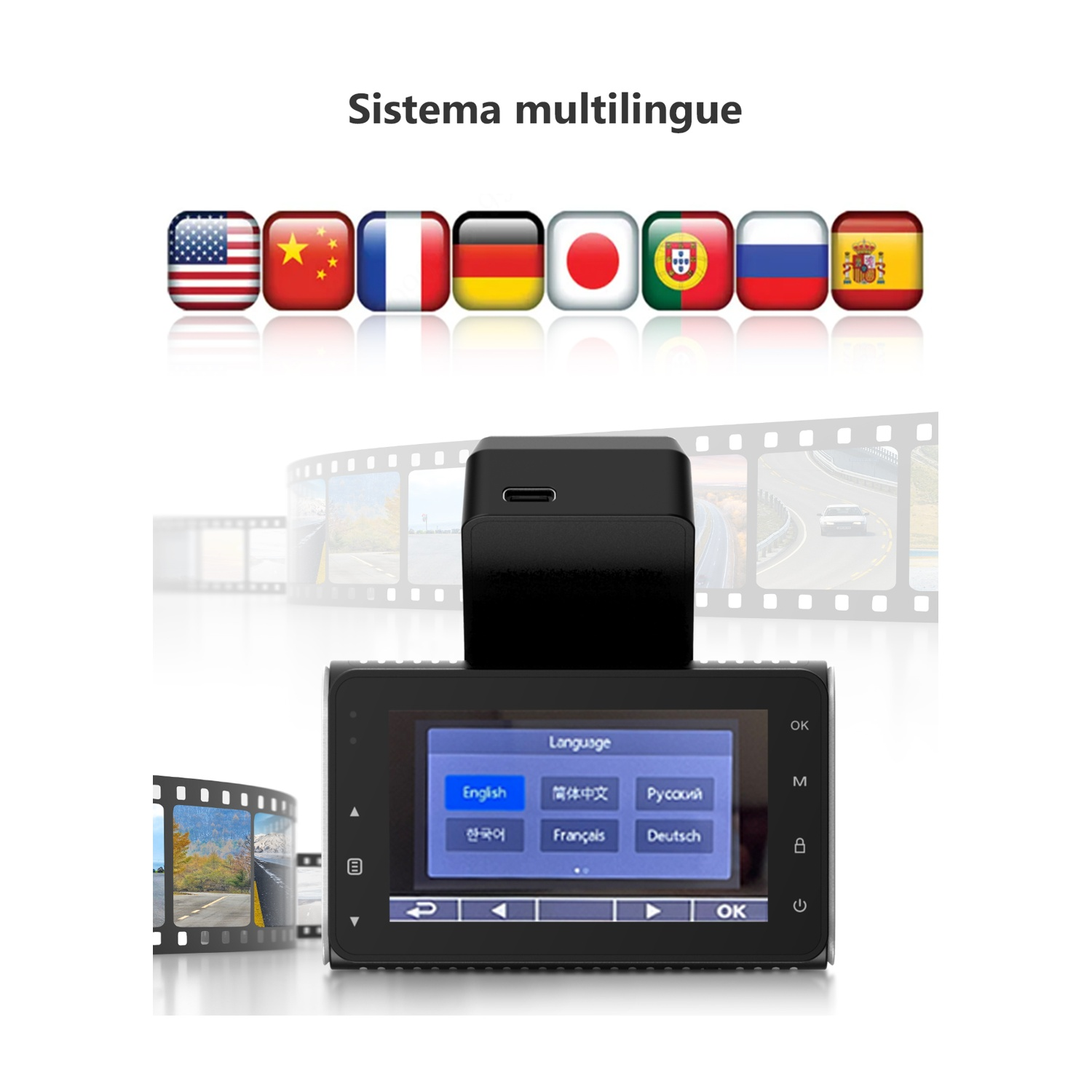 Una telecamera per auto multilingue con opzioni linguistiche. Le bandiere di diversi paesi sono visualizzate sopra lo schermo.