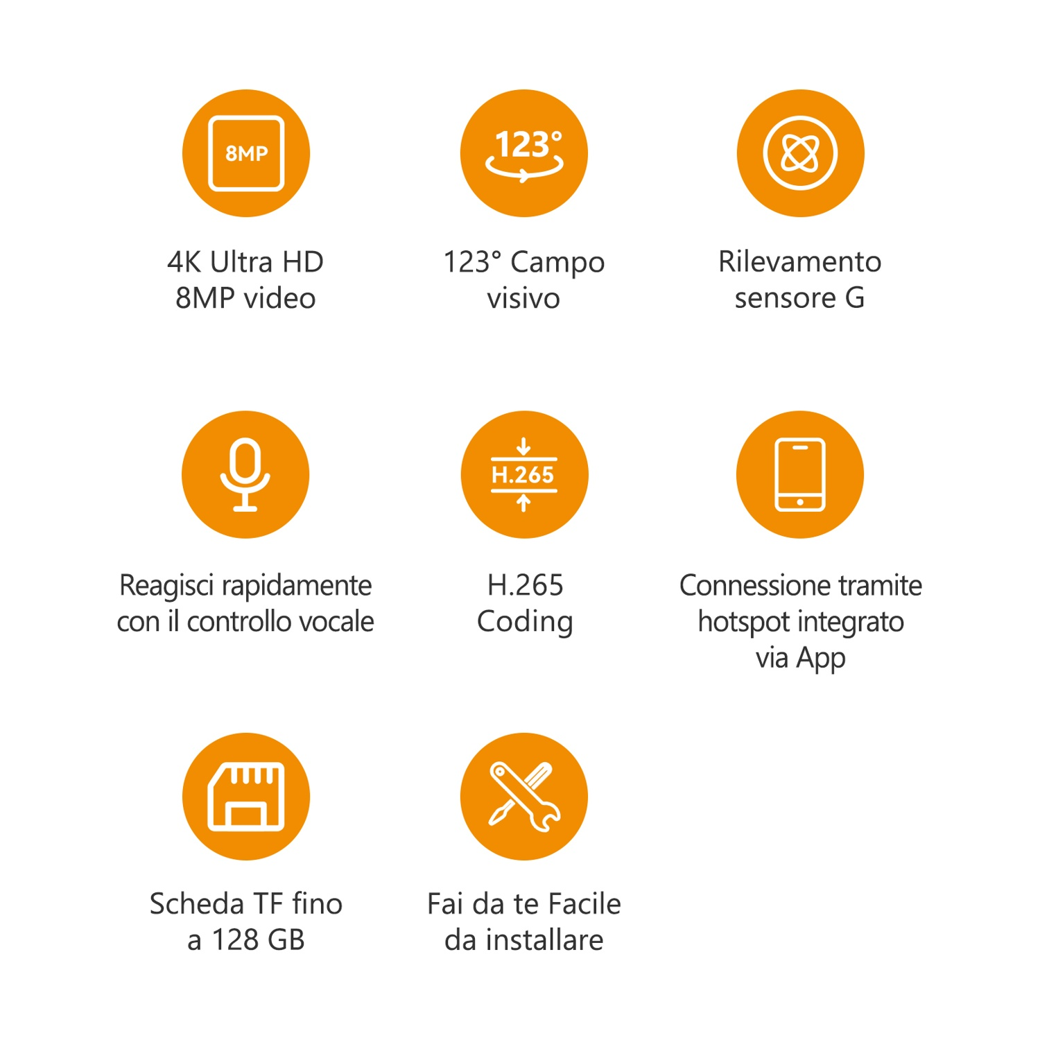 Immagine con icone e testo. Include video 4K Ultra HD, campo visivo 123°, controllo vocale e altre funzioni.