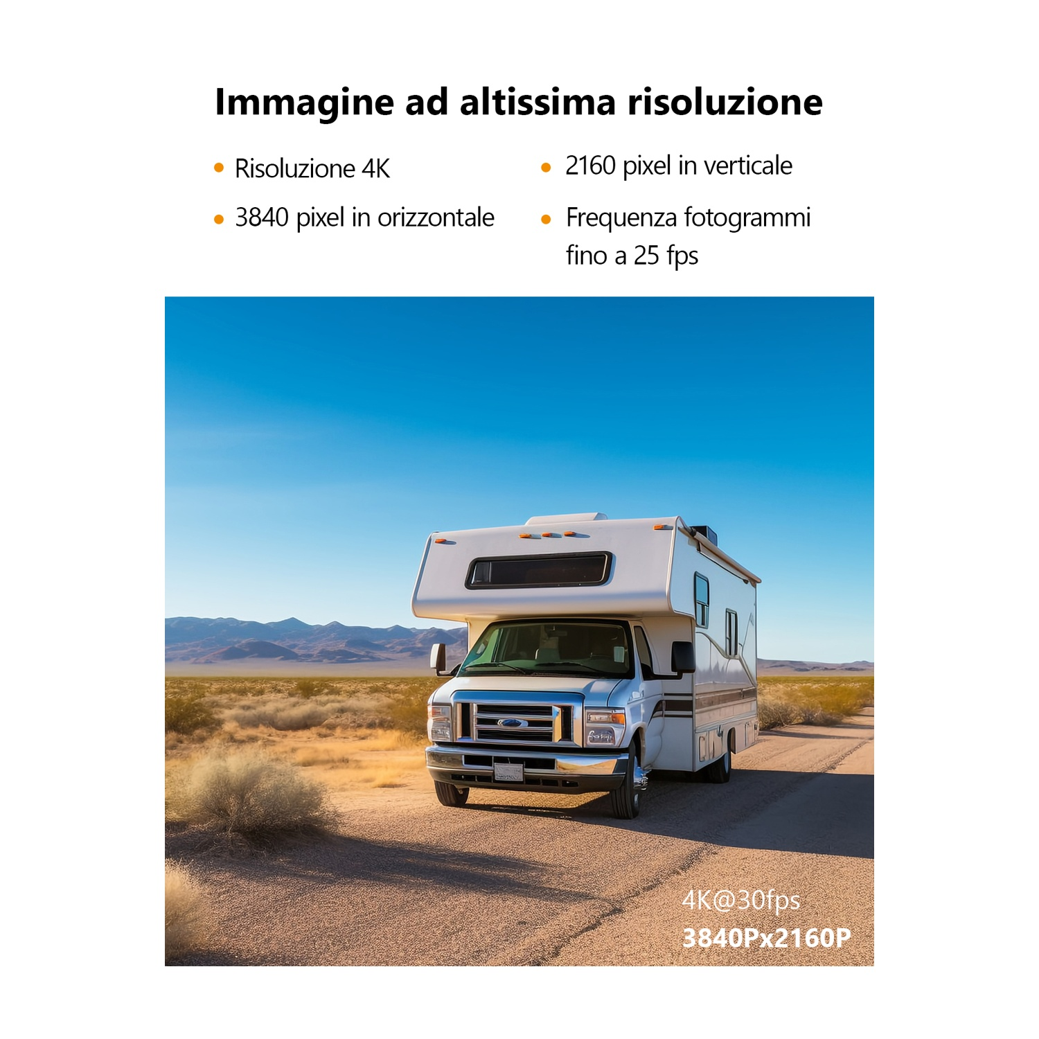 Un camper bianco su una strada sterrata in un paesaggio desertico. Le montagne sono visibili sullo sfondo sotto un cielo blu.
