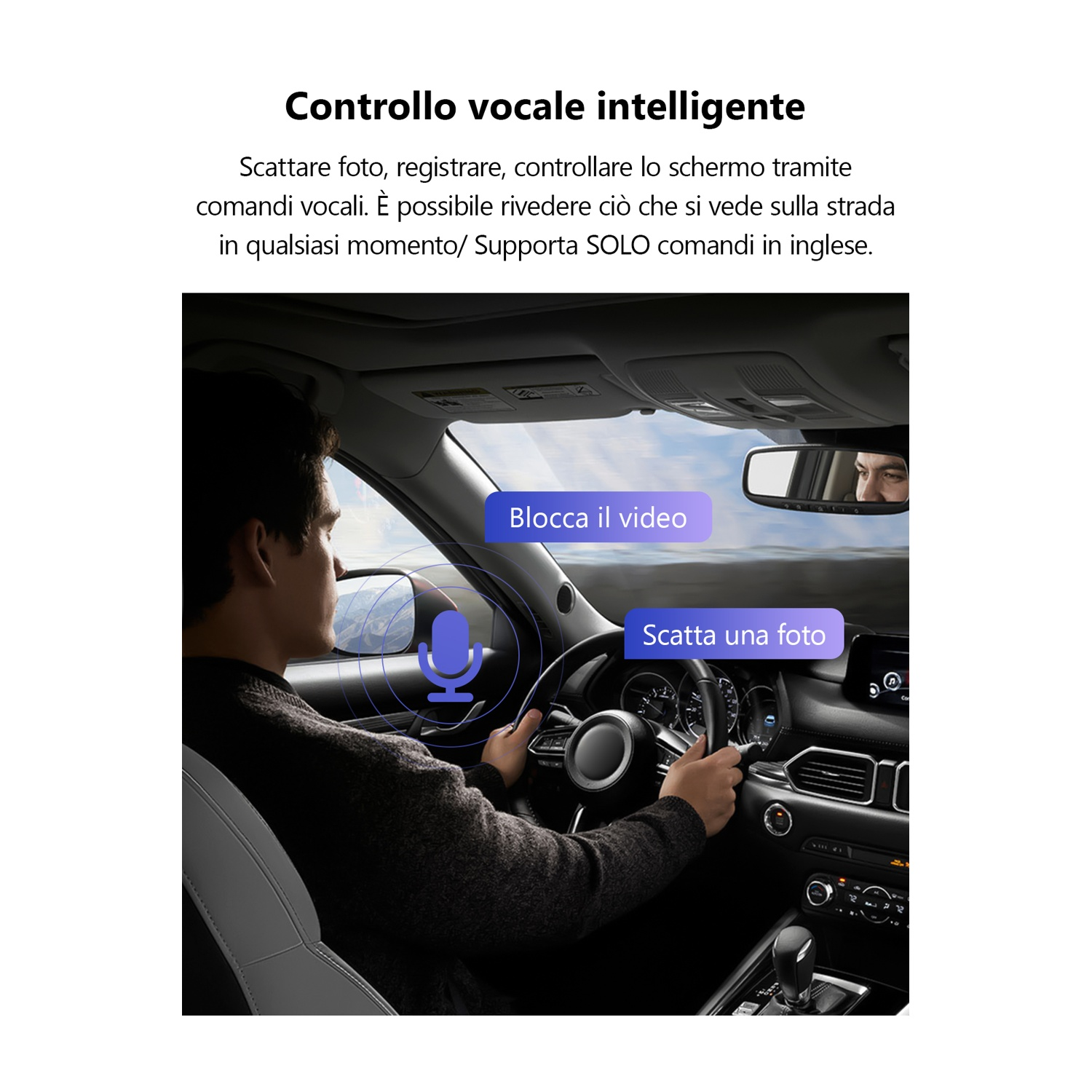 Un uomo in auto usa comandi vocali. Il testo include 'Blocca video' e 'Scatta una foto'. Lo specchio riflette il volto del guidatore.