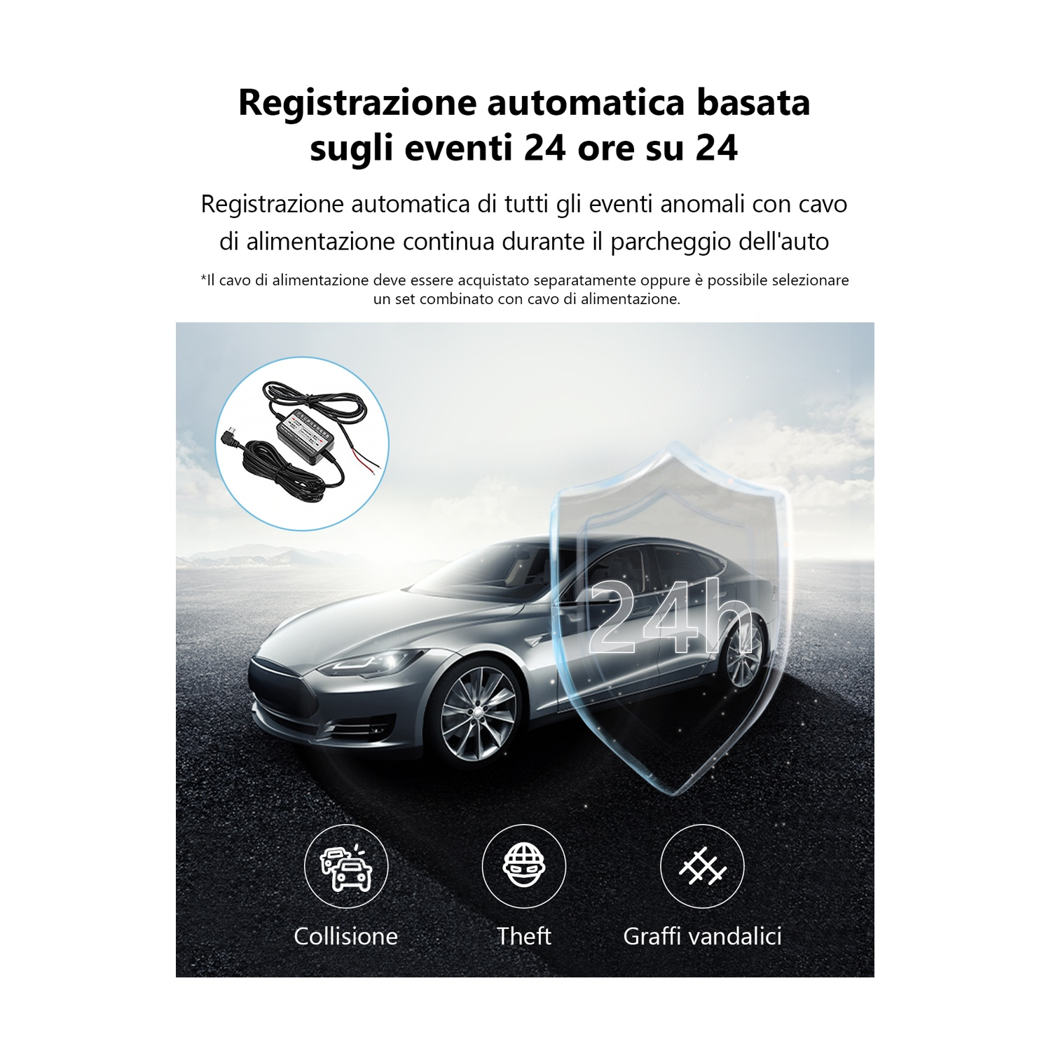Un'auto argentata sotto uno scudo 24h, con icone di collisione, furto e vandalismo. Testo sulla registrazione automatica.
