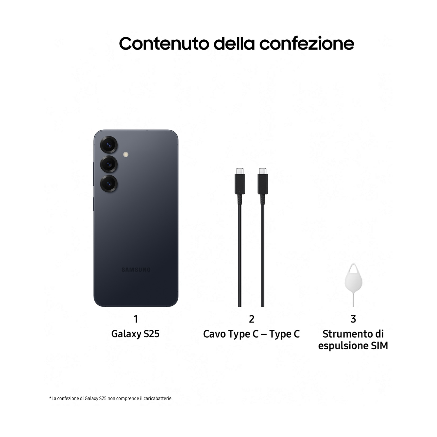 Immagine mostra Galaxy S25, cavo Tipo C, e strumento espulsione SIM. Testo dice 'Contenuto della confezione'.