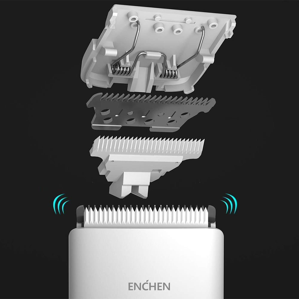Widok rozstrzelony białej golarki elektrycznej, z oddzielonymi częściami. Na dole napis 'ENCHEN'. Niebieskie fale sugerują dźwięk.