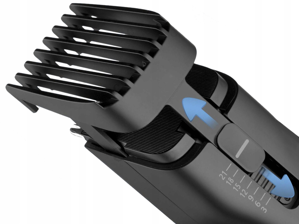 Czarna maszynka do brody z regulacją długości. Niebieskie strzałki wskazują kierunek regulacji. Numery pokazują długości cięcia.