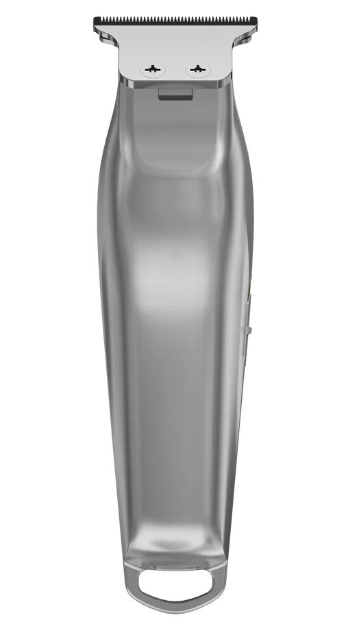 Srebrna maszynka do strzyżenia włosów pokazana na białym tle. Maszynka stoi pionowo, z ostrzem u góry i rączką u dołu.