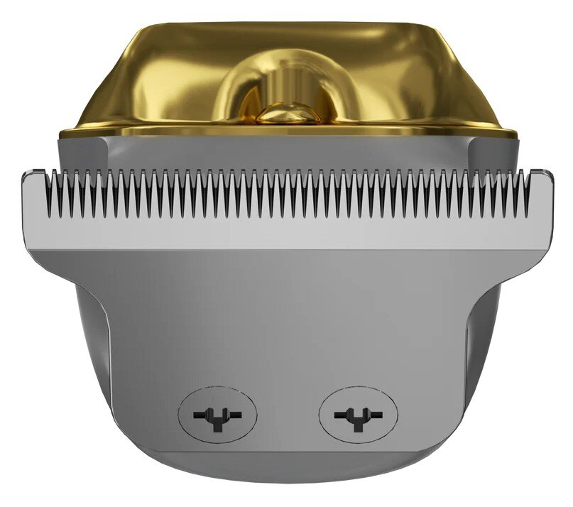 Zbliżenie złotej i szarej głowicy maszynki do strzyżenia włosów. Widoczne zęby ostrza. Dwie śruby na dole.