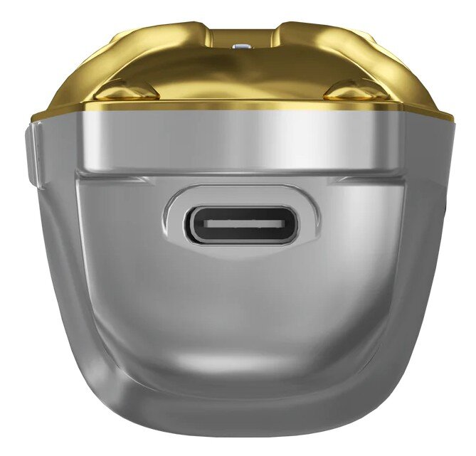 Srebrne i złote urządzenie, prawdopodobnie komponent elektroniczny, z portem USB-C. Górna część złota, korpus srebrny.