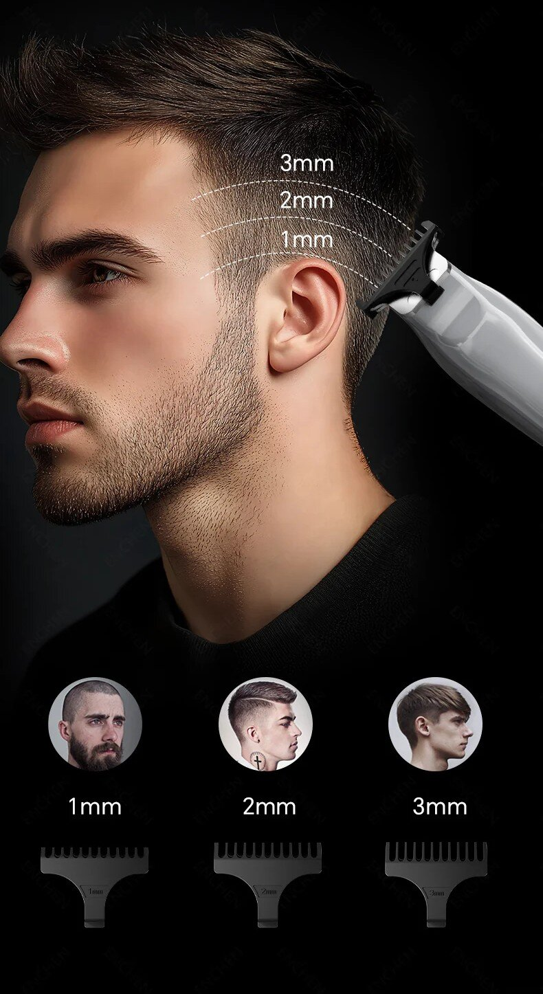 Demonstracja strzyżenia męskiego. Pokazuje opcje długości włosów 1 mm, 2 mm, 3 mm. Zawiera zdjęcia różnych fryzur i nasadek.