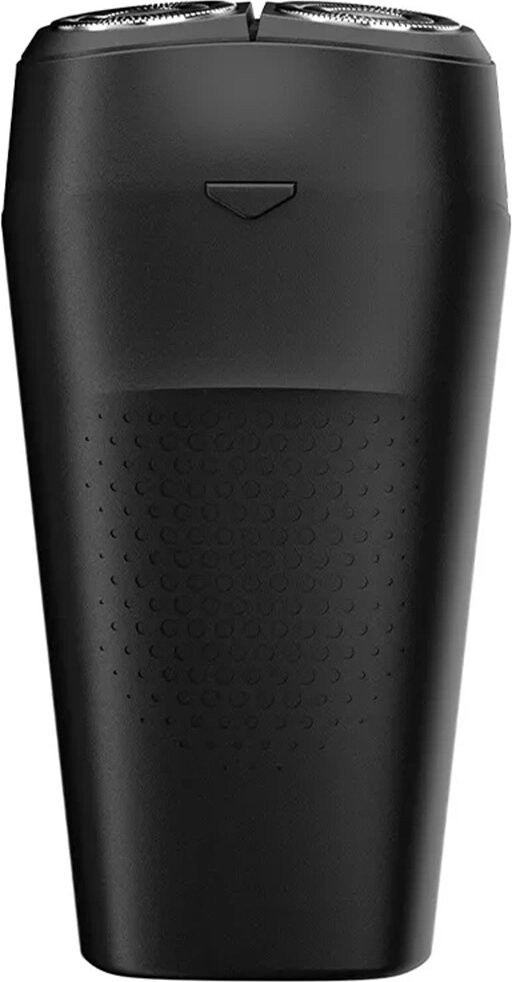 Czarna golarka elektryczna. Ma gładką górę z ostrzami i teksturowany korpus. Z przodu znajduje się przycisk.