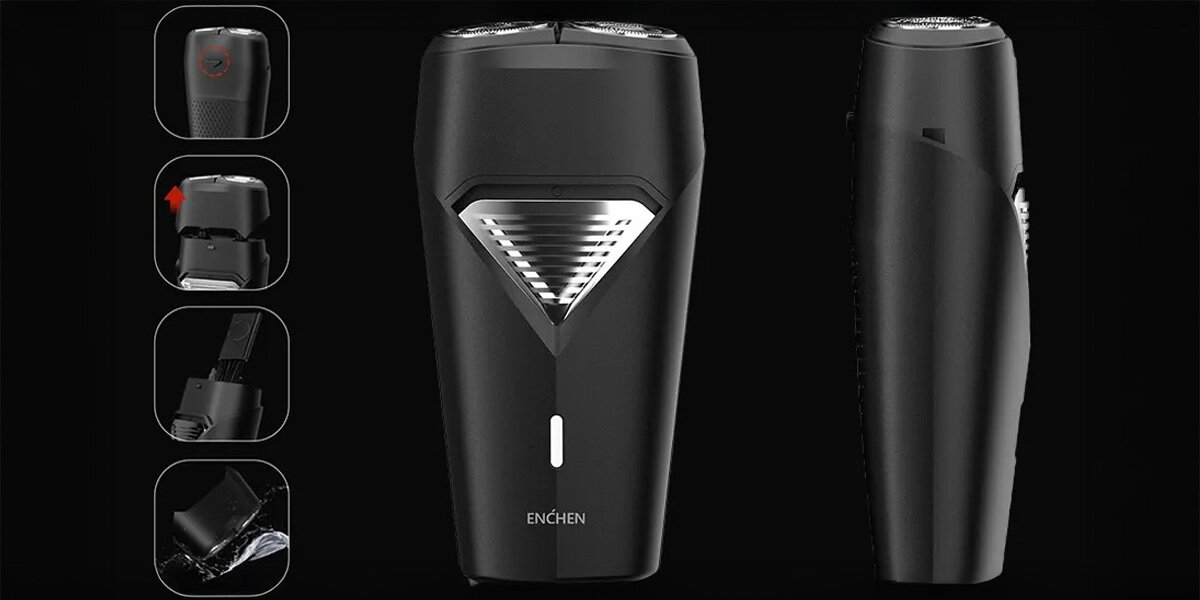 Czarna golarka elektryczna ze srebrnym trójkątnym wzorem, zbliżenia na jej części, na czarnym tle.