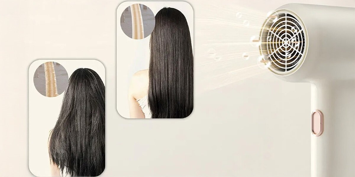 Suszarka do włosów z powietrzem wiejącym w długie, czarne włosy kobiety. Wstawki pokazują strukturę włosów. Widoczne są również bąbelki.