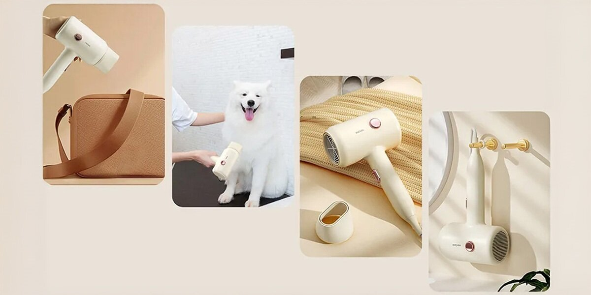 Zdjęcie przedstawia białą suszarkę do włosów, torbę, suszonego psa, suszarkę do włosów i suszarkę do włosów zawieszoną na ścianie.