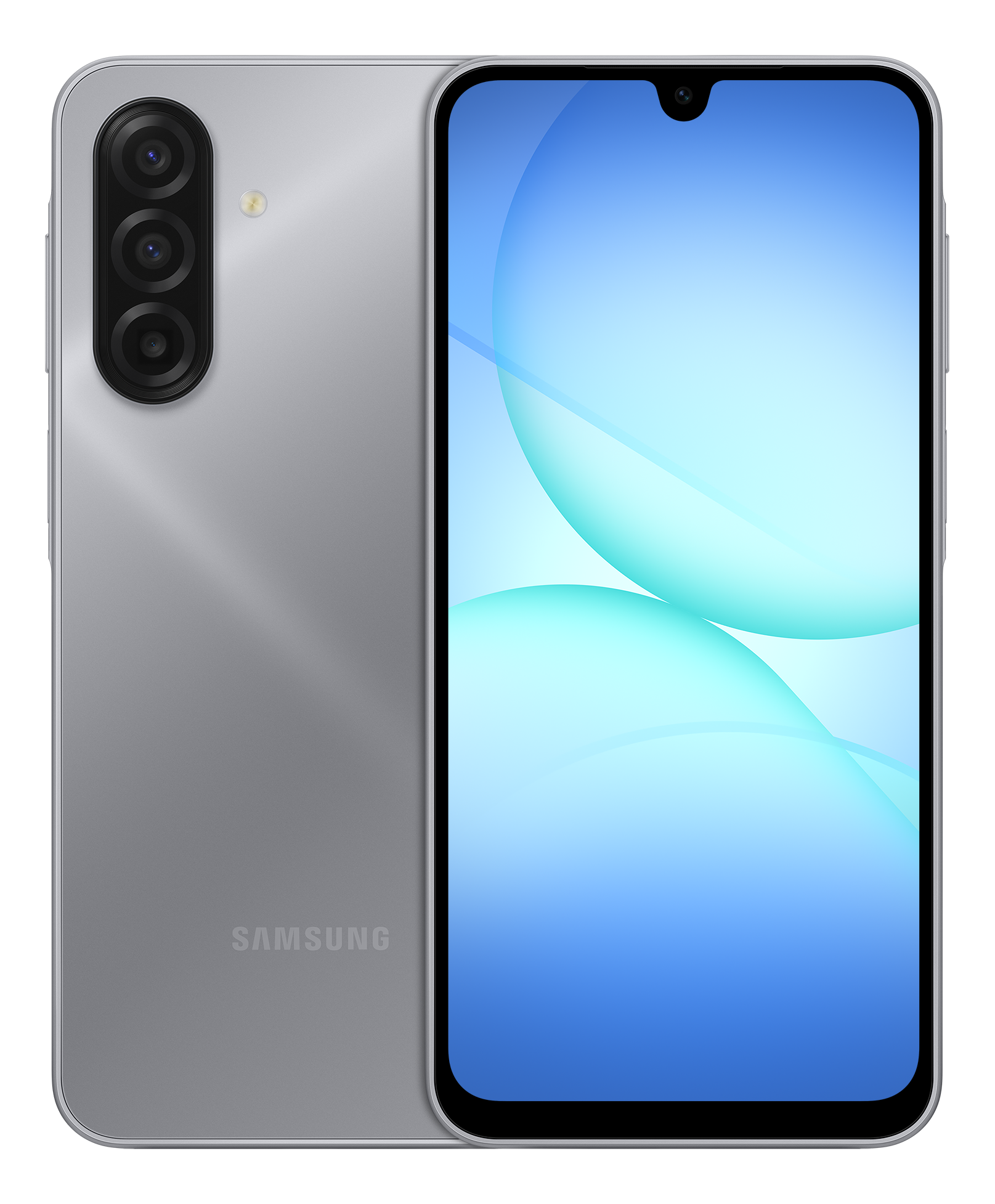 Ein silbernes Samsung-Smartphone. Der Bildschirm zeigt ein blau-weißes abstraktes Design. Die Rückseite hat Kameras und das Samsung-Logo.