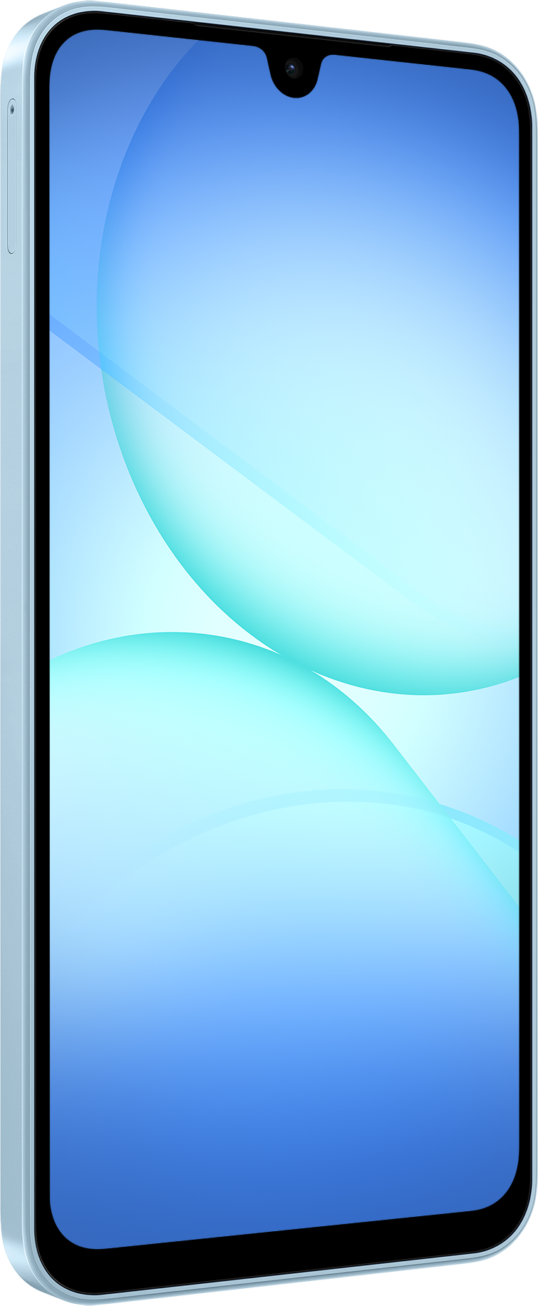 Smartphone mit blauem Farbverlauf auf dem Bildschirm. Es hat eine Kamera oben, einen hellblauen Rahmen und einen schwarzen Rand.